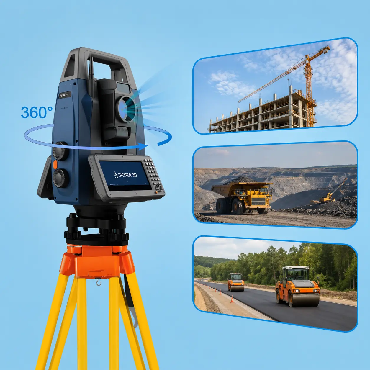 HTS-820 Robotic Total Station front view showing 5.5-inch touch display, full keyboard, and dual 2MP cameras