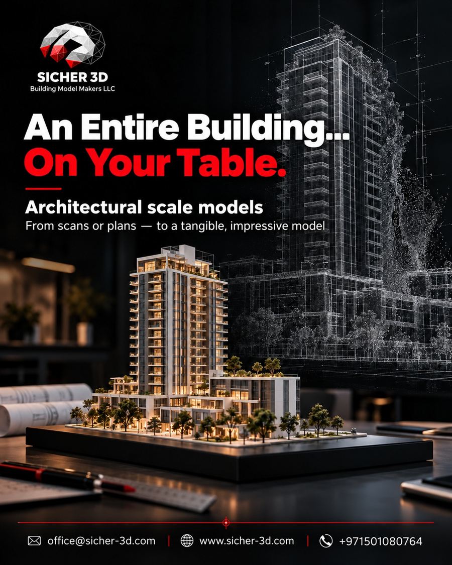 3D printed architectural scale model of a residential tower with lit podium