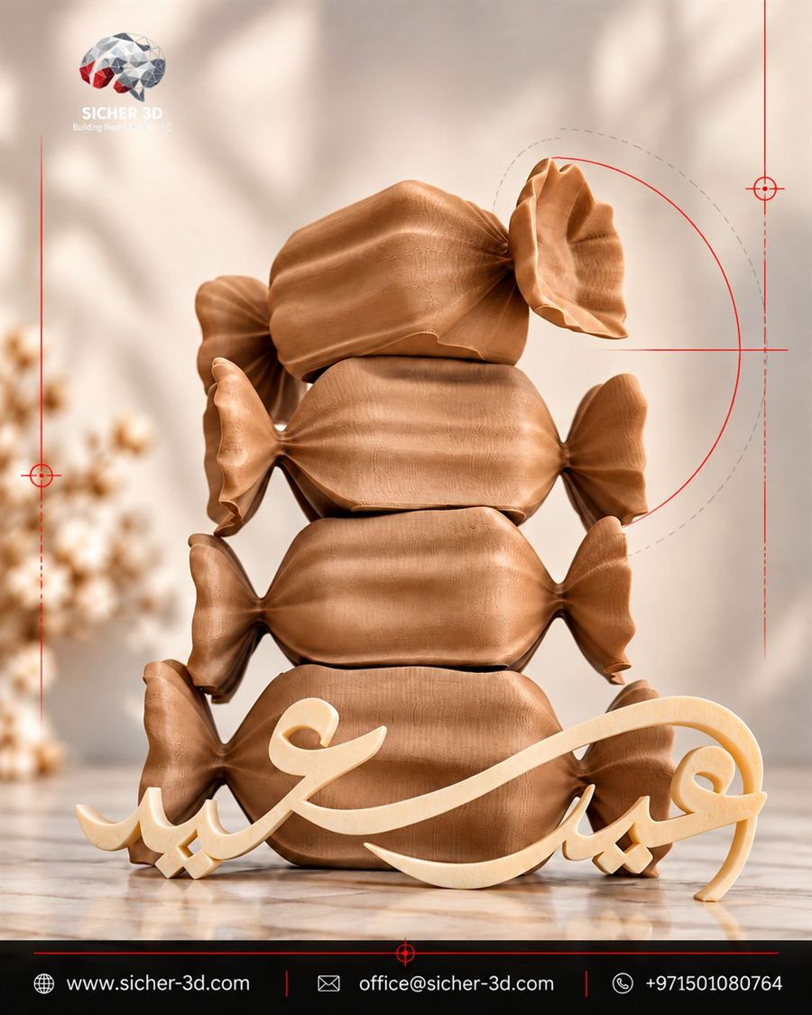 3D printed Eid decoration with Arabic calligraphy and stacked candy shapes