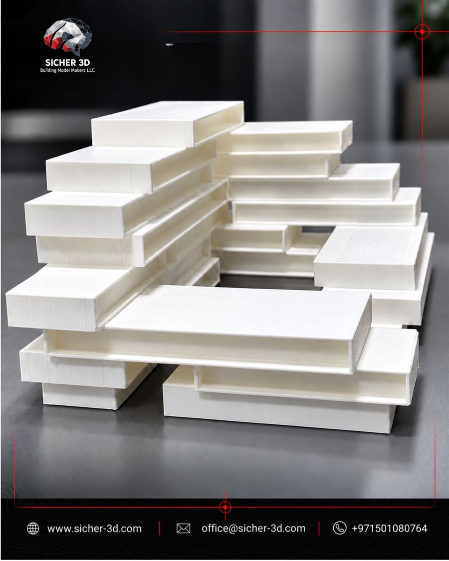 White 3D printed massing model of a stacked building