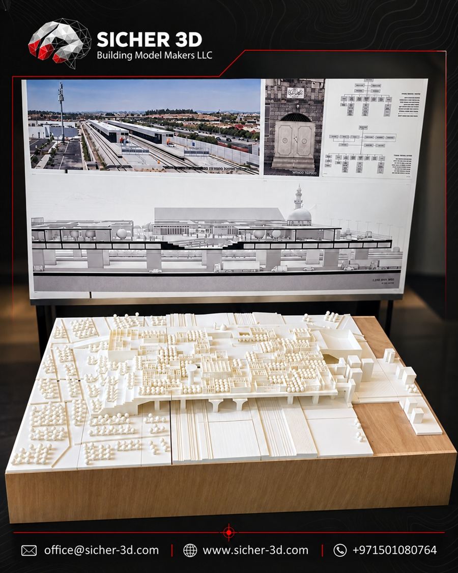3D printed masterplan model on a timber base with presentation board