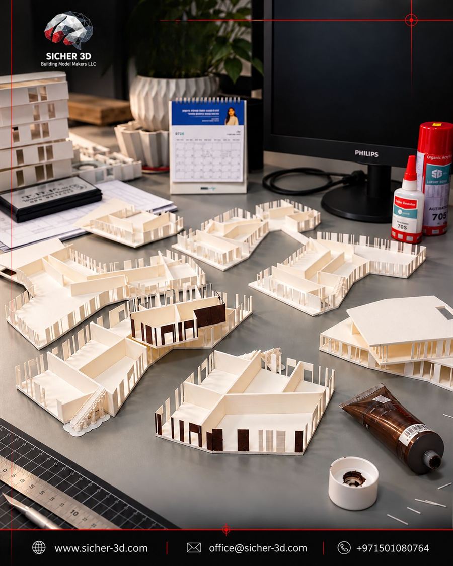 3D printed model parts being assembled in the Sicher 3D workshop in Dubai