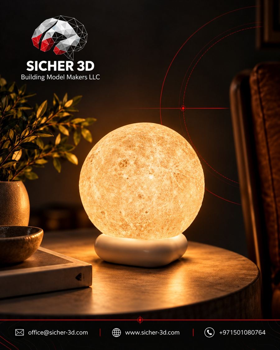 3D printed moon lamp glowing on a side table, printed in Dubai