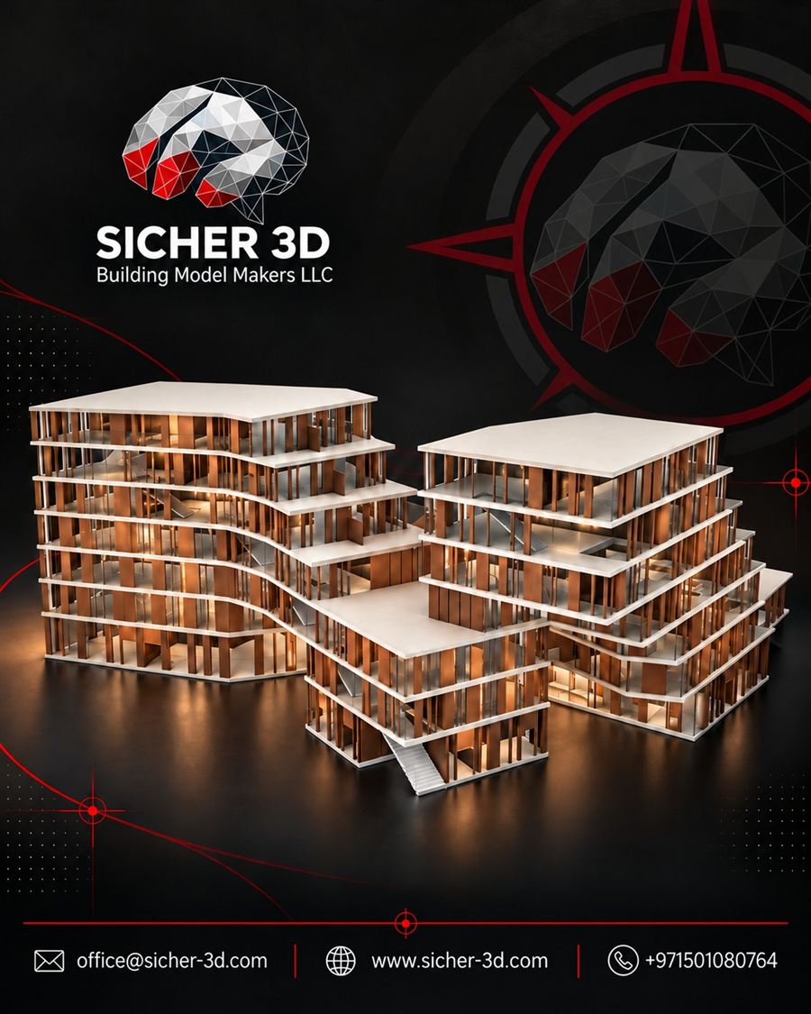 3D printed residential building model with wood-tone facade