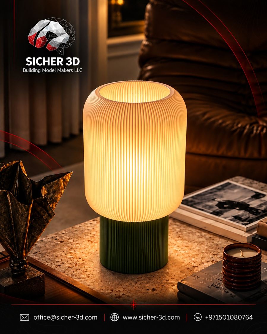 3D printed ribbed table lamp with green base
