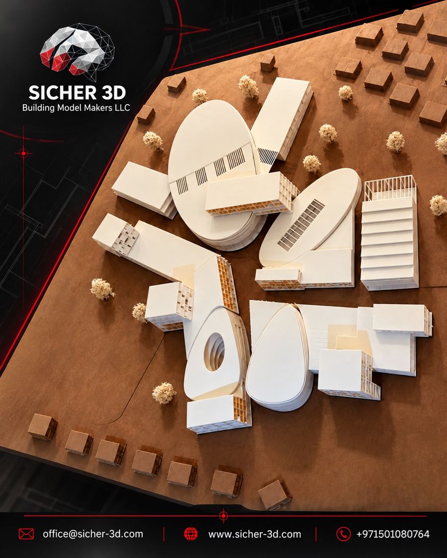 Urban site model with white 3D printed buildings on a cork base