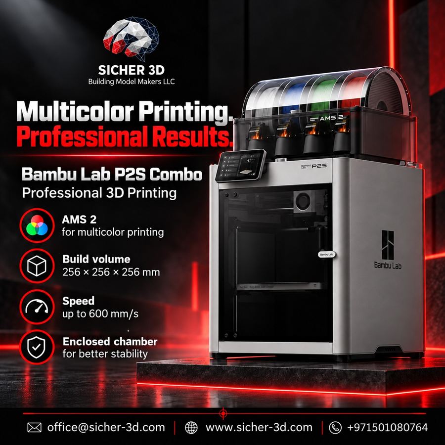 Bambu Lab P2S Combo multicolor 3D printer with AMS 2 for color 3D printing in Dubai