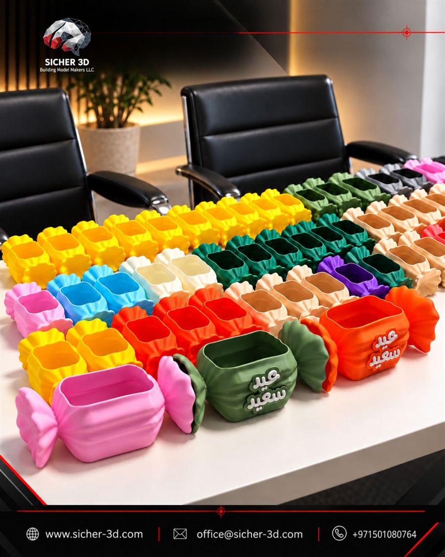 Color 3D printing in Dubai: multicolor candy-shaped Eid gift boxes with Arabic text