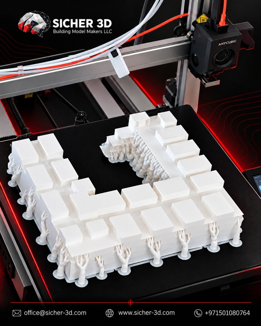 Large-format 3D printer printing a white city block model