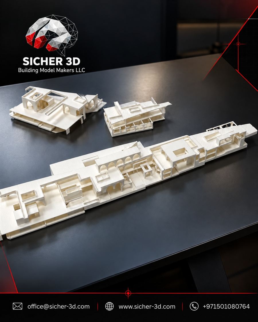 White 3D printed architectural models on a dark table